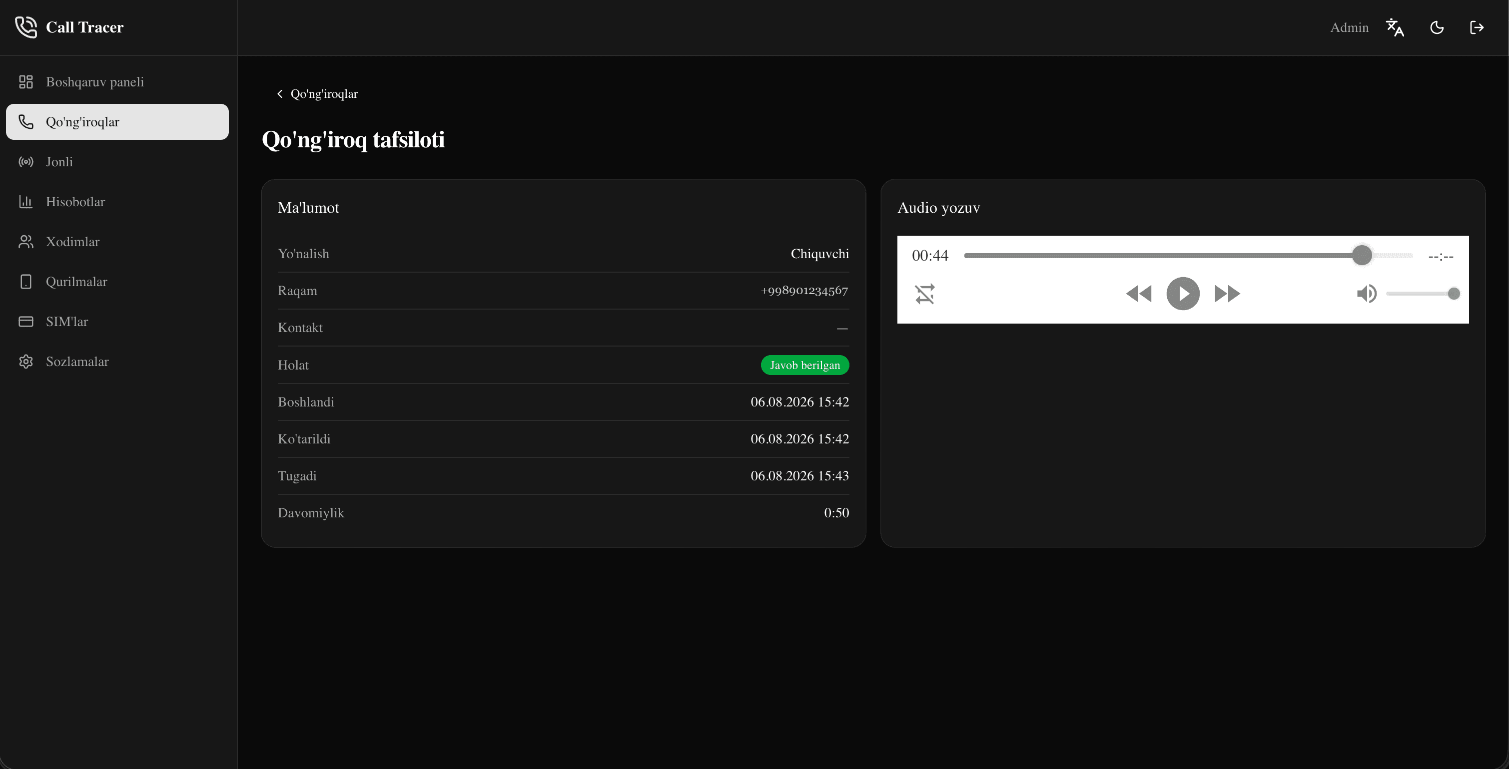 Qo'ng'iroq tafsiloti va audio pleyer