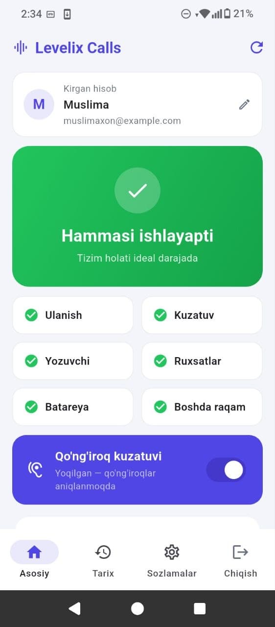 XCall mobil ilovasi — asosiy ekran